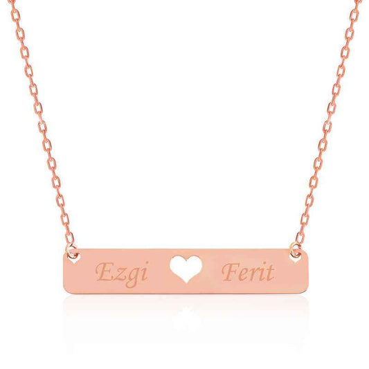 Rose Plated Personalized Name Bar Heart Silver Necklace