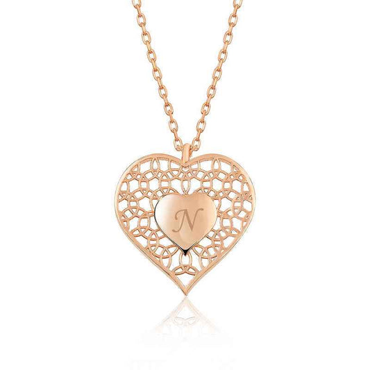 Rose Plated Personalized Heart Within Heart Women's Silver Necklace