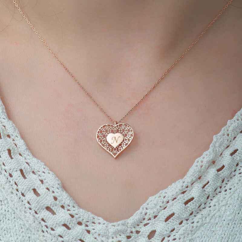 Rose Plated Personalized Heart Within Heart Women's Silver Necklace