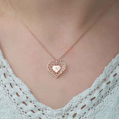 Rose Plated Personalized Heart Within Heart Women's Silver Necklace