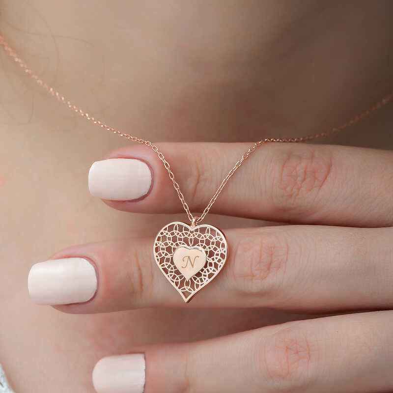 Rose Plated Personalized Heart Within Heart Women's Silver Necklace