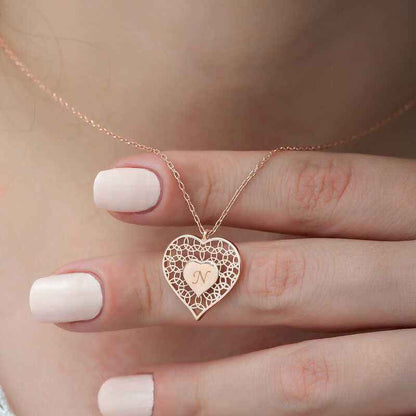 Rose Plated Personalized Heart Within Heart Women's Silver Necklace