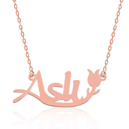Rose Plated Personalized Tulip Pattern Name Women's Silver Necklace