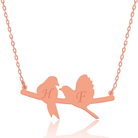 Collier personnalisé en argent plaqué rose avec nom Love Birds