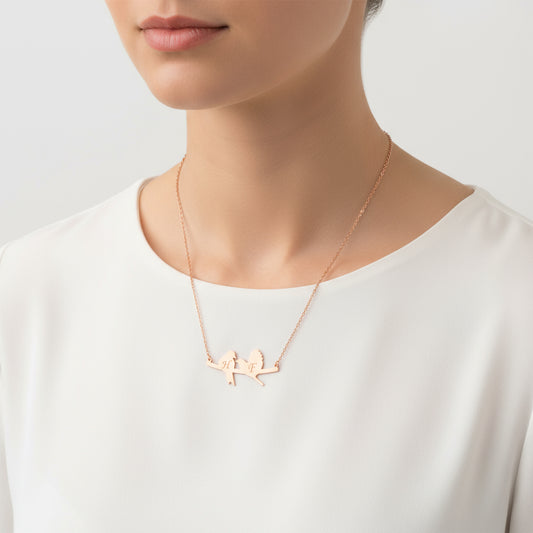 Personalized Love Birds Name Rose Plated Silver Necklace
