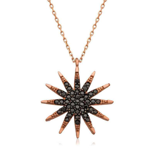 Rose Gold Plated Black Stone North Star Women's Silver Necklace