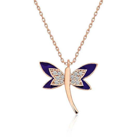 Rose Plated Lacivert Dragonfly Women's Silver Necklace