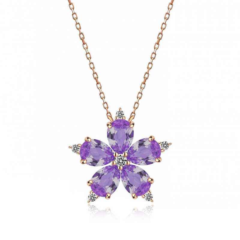 Rose Plated Lilac Camellia Flower Silver Necklace