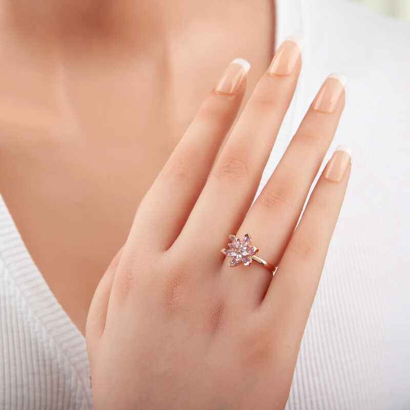 Rose Plated Lilac Stone Lotus Flower Women's Silver Ring