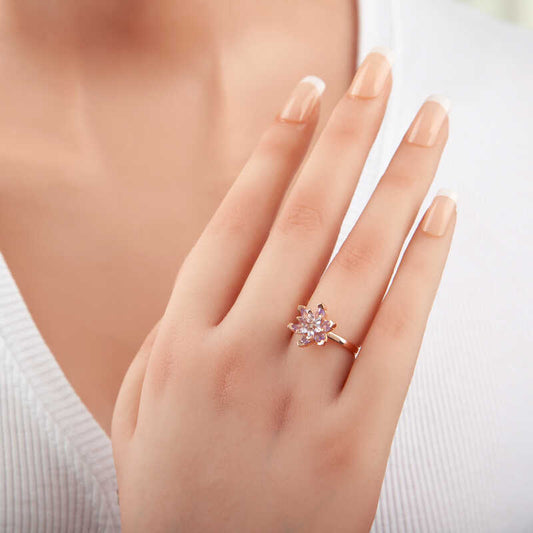 Rose Plated Lilac Stone Lotus Flower Women's Silver Ring