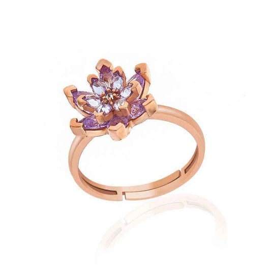 Rose Plated Lilac Stone Lotus Flower Women's Silver Ring