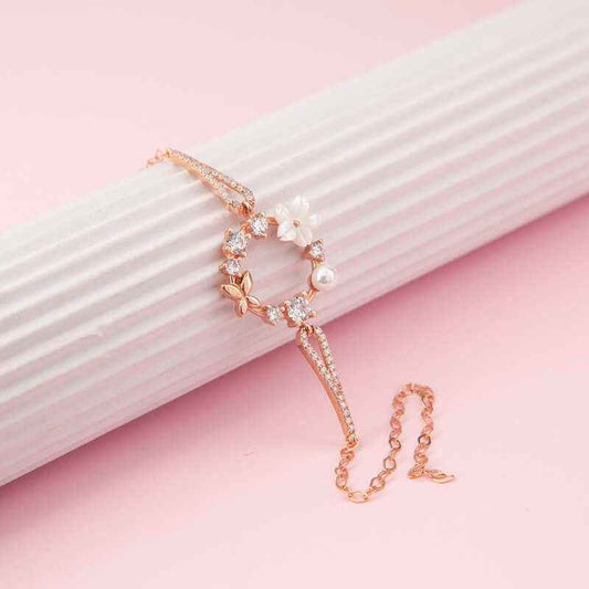 Rose Plated Magnolia Flower Butterfly Women's Silver Bracelet