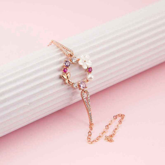 Rose Plated Magnolia Flower Butterfly Women's Silver Bracelet