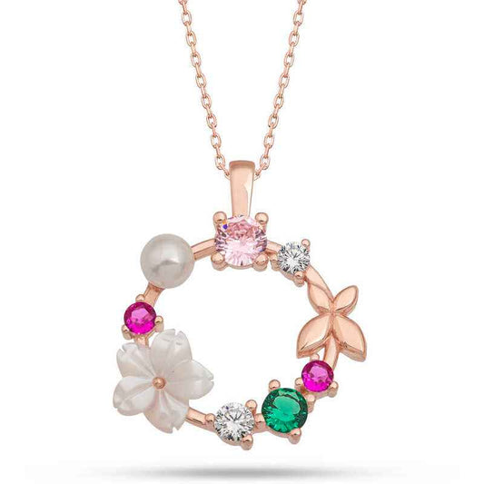 Rose Plated Magnolia Flower Butterfly Women's Silver Pendant