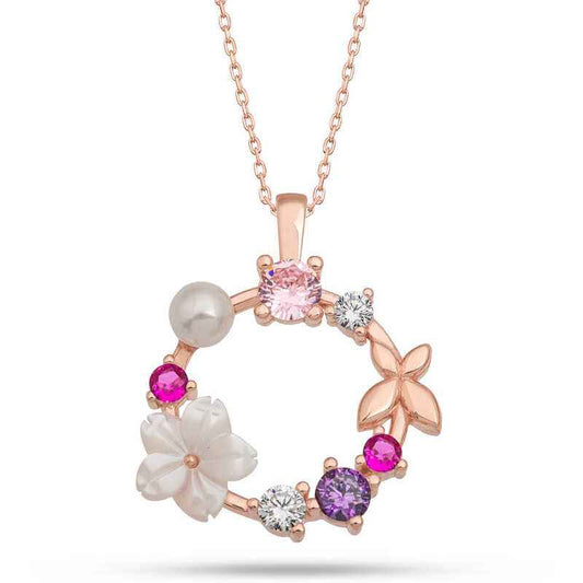 Rose Plated Magnolia Flower Butterfly Women's Silver Pendant