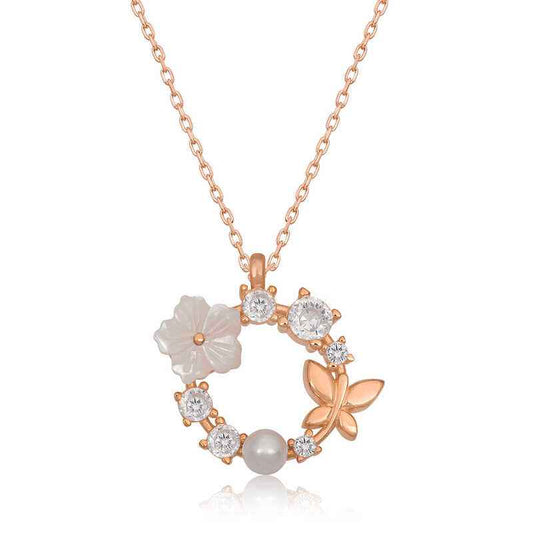 Rose Plated Magnolia Flower Butterfly Women's Silver Pendant