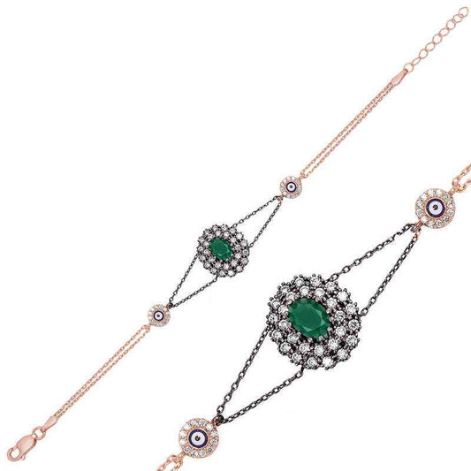 Rose Plated Mat Green Stone Women's Silver Authentic Bracelet