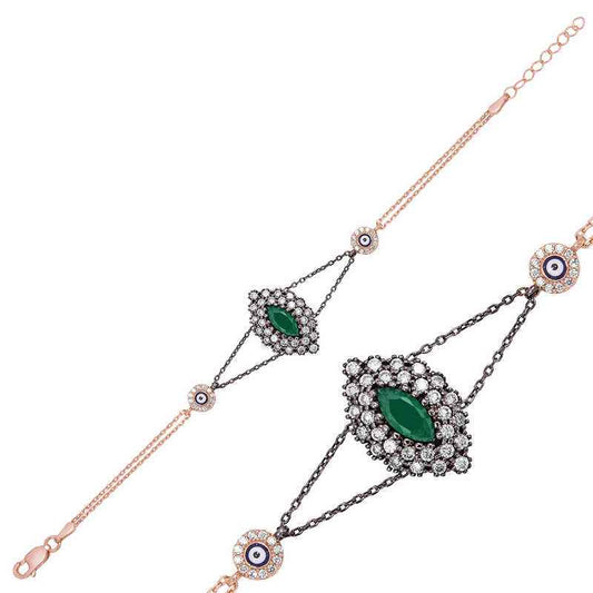 Green Stone Rose Plated Mat Silver Authentic Women's Bracelet