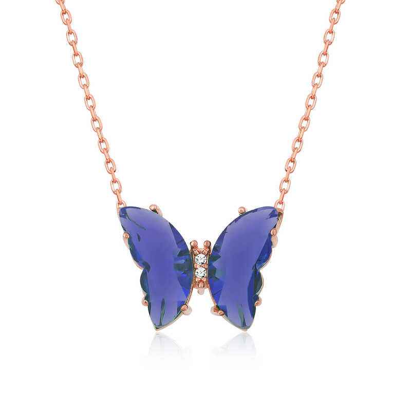 Blue Glass Butterfly Rose Plated Silver Necklace