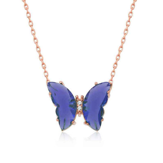 Blue Glass Butterfly Rose Plated Silver Necklace