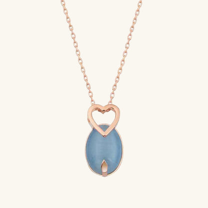 Rose Blue Cat's Eye Stone Heart Silver Pendant