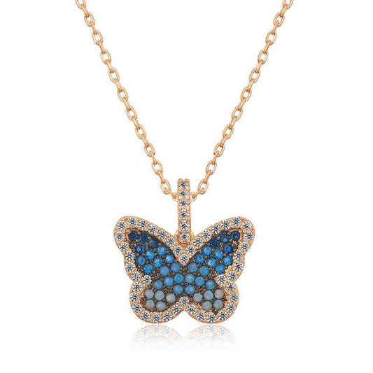 Blue Butterfly Rose Plated Silver Women's Necklace