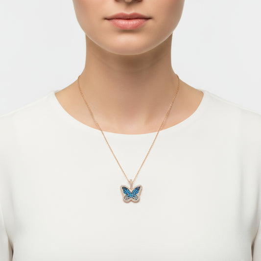 Blue Butterfly Rose Plated Silver Women's Necklace