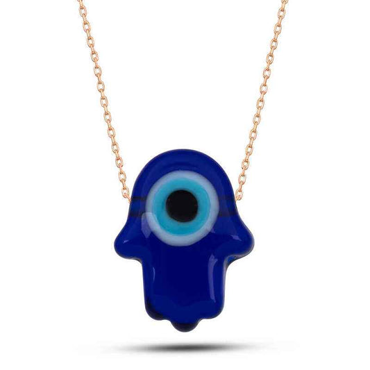 Rose Plated Blue Evil Eye Glass Hamsa Women's Silver Necklace