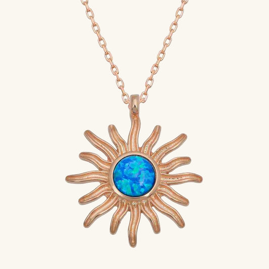 Rose Plated Blue Opal Stone Sun Women's Silver Necklace