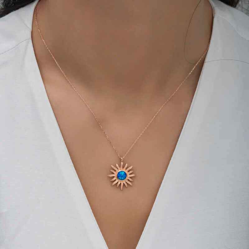 Rose Plated Blue Opal Stone Sun Women's Silver Necklace