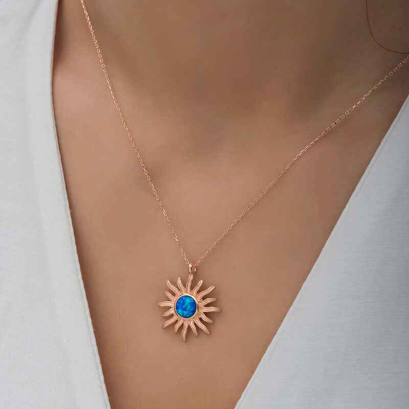 Rose Plated Blue Opal Stone Sun Women's Silver Necklace