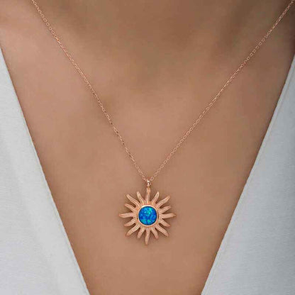 Rose Plated Blue Opal Stone Sun Women's Silver Necklace