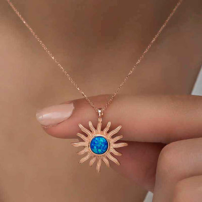 Rose Plated Blue Opal Stone Sun Women's Silver Necklace