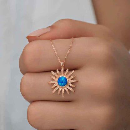 Rose Plated Blue Opal Stone Sun Women's Silver Necklace