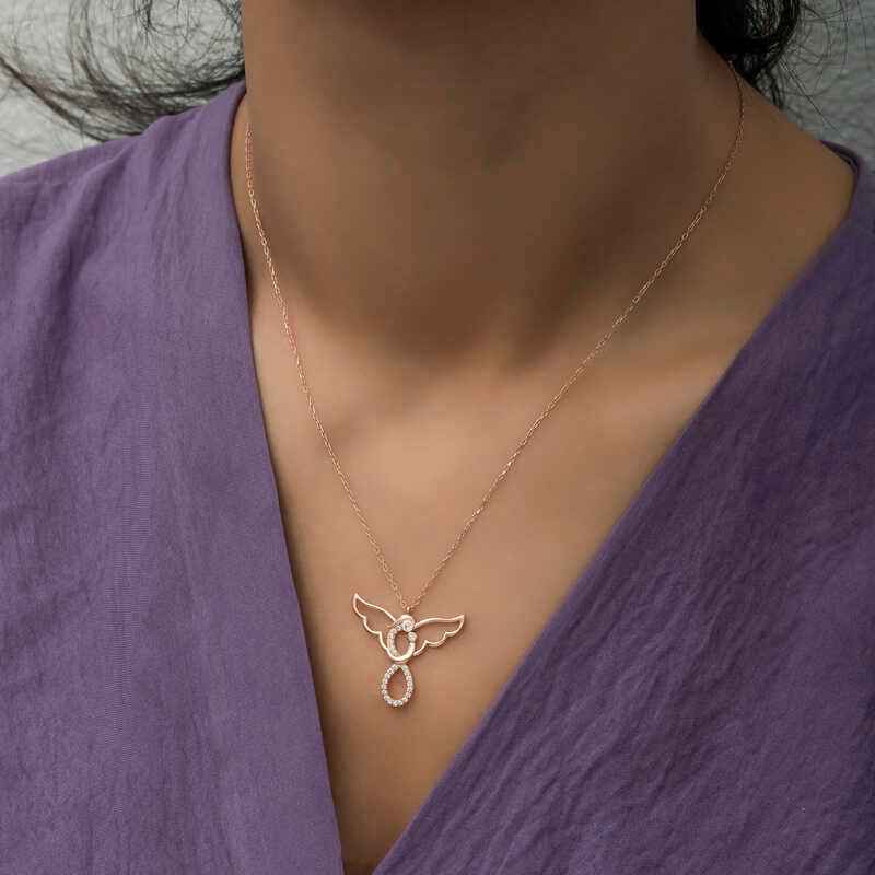 Rose Plated Angel Mother and Child Women's Silver Necklace