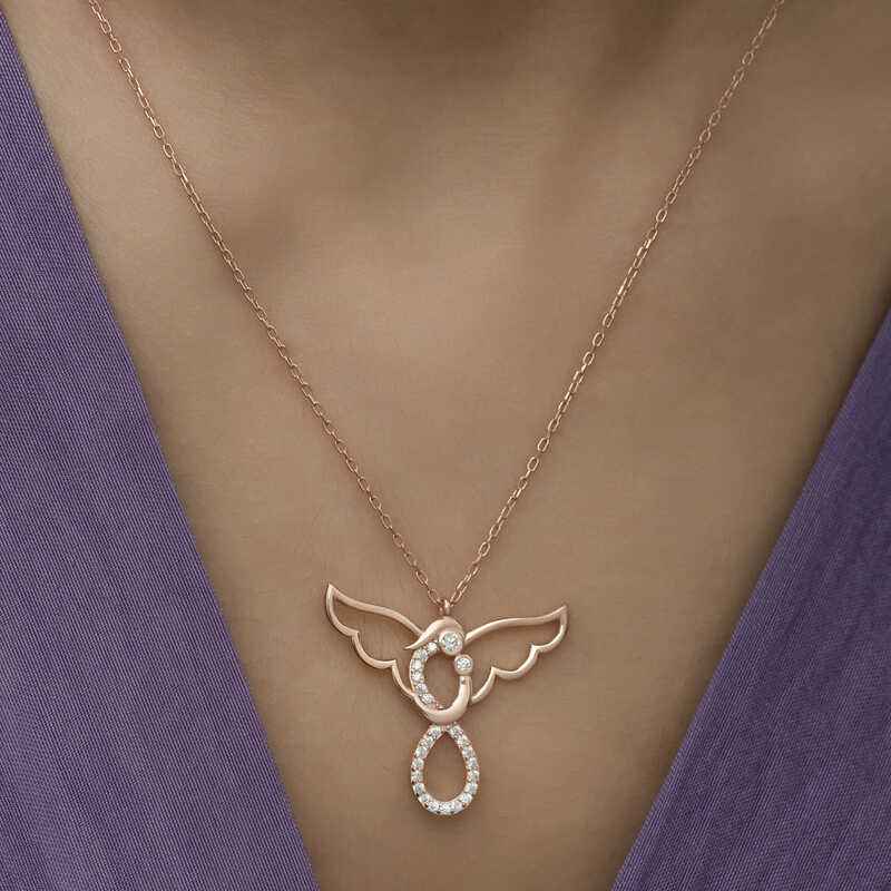 Rose Plated Angel Mother and Child Women's Silver Necklace