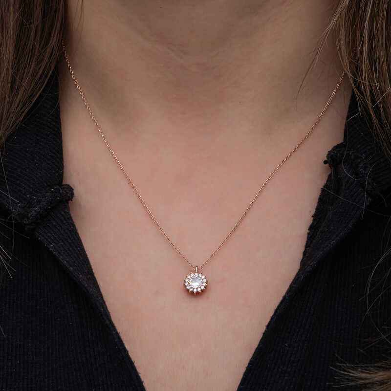 Minimal Round Halo Rose Plated Silver Women's Necklace