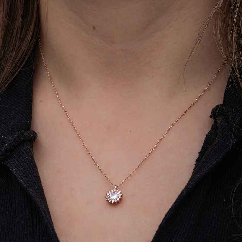 Minimal Round Halo Rose Plated Silver Women's Necklace