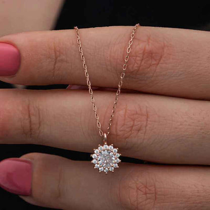 Minimal Round Halo Rose Plated Silver Women's Necklace