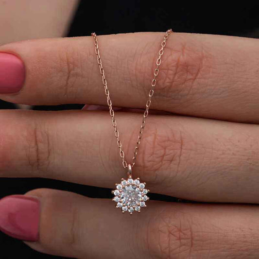 Minimal Round Halo Rose Plated Silver Women's Necklace