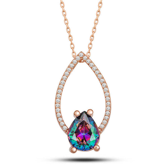 Rose Plated Mystic Topaz Stone Drop Women's Silver Necklace