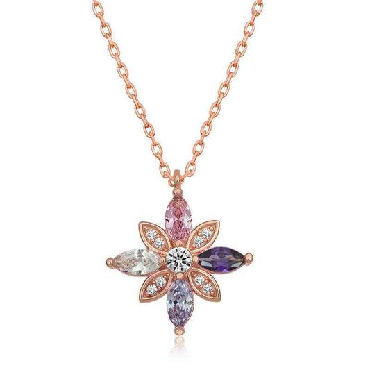 Rose Plated Mixed Stone Hope Flower Women's Silver Necklace