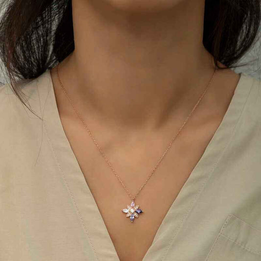 Rose Plated Mixed Stone Hope Flower Women's Silver Necklace