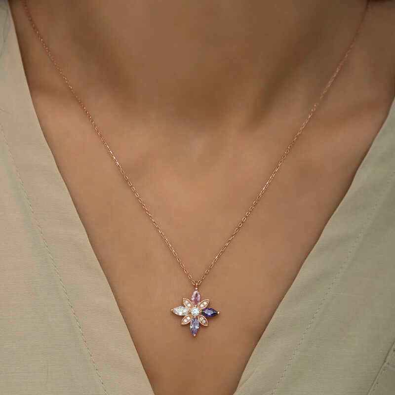 Rose Plated Mixed Stone Hope Flower Women's Silver Necklace