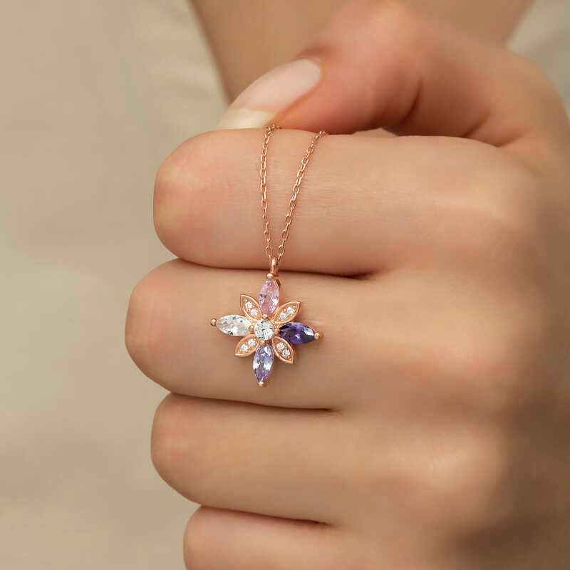 Rose Plated Mixed Stone Hope Flower Women's Silver Necklace
