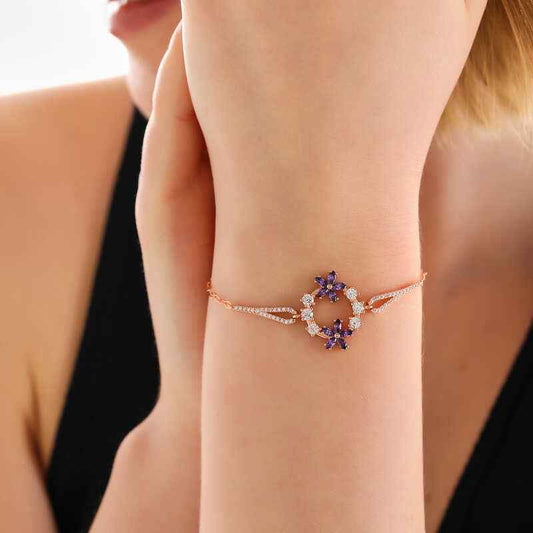 Rose Plated Purple Flower Women's Silver Bracelet