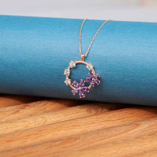 Rose Plated Purple Flower Women's Silver Necklace