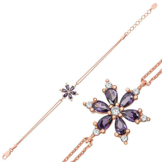 Rose Purple Lotus Flower Women's Silver Bracelet