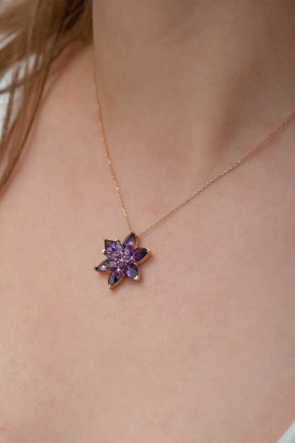 Rose Plated Purple Lotus Flower Silver Necklace