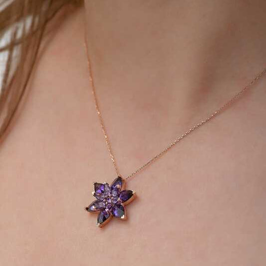 Rose Plated Purple Lotus Flower Silver Necklace